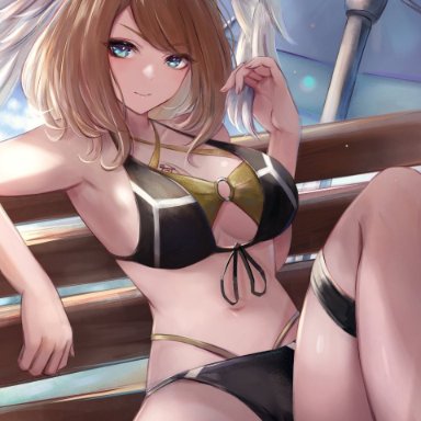 xenoblade (series), xenoblade chronicles, xenoblade chronicles 3, eunie (xenoblade), leonmandala, 1girls, armpit, athletic female, bench, big breasts, bikini, blue eyes, breasts, brown hair, busty
