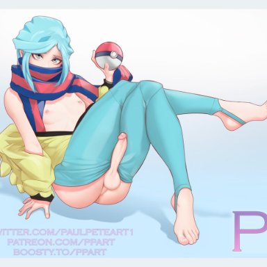 pokemon, pokemon sv, grusha (pokemon), ppart, 1boy, blue eyes, blue hair, erection, femboy, large penis, looking at viewer, male, male only, nipples, penis