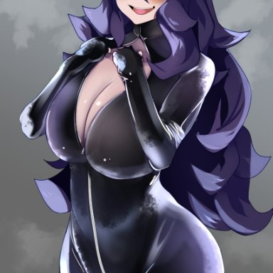 nintendo, pokemon, hex maniac, lisp coc, bodysuit, breasts, catsuit, female, hairband, large breasts, latex, latex bodysuit, long hair, no bra, open clothes