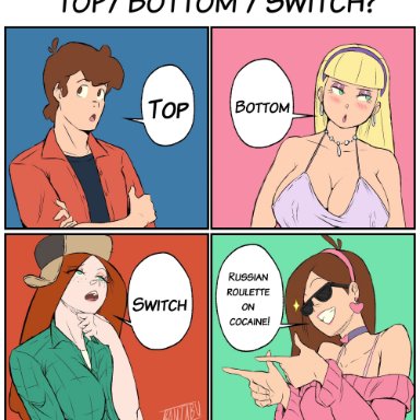 gravity falls, dipper pines, mabel pines, pacifica northwest, wendy corduroy, banjabu, bottom, humor, nonude, switch, top, english text, meme, not porn