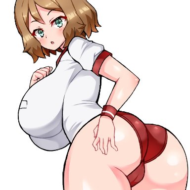 nintendo, pokemon, pokemon xy, serena (pokemon), chro, 1girls, :o, alternate eye color, ass, blonde hair, bloomers, breasts, cameltoe, female, green eyes