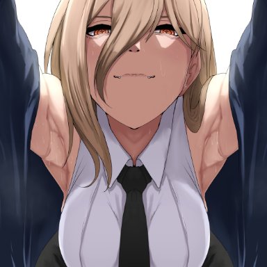 chainsaw man, power (chainsaw man), tomodachi (tomofanart), 1girls, :3, armpits, arms up, black necktie, blonde hair, breasts, collared shirt, covered nipples, fangs, fangs out, female