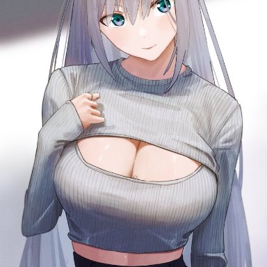 xenoblade (series), xenoblade chronicles 3, ethel (xenoblade), 1girls, big breasts, blue eyes, casual clothes, cleavage, cleavage cutout, female, female only, heroes (xenoblade 3), long hair, silver hair, skirt