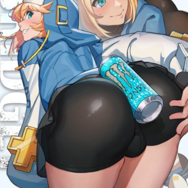 arc system works, guilty gear, monster energy, bridget, 1boy, 1femboy, ass, ass focus, big ass, bike shorts, black shorts, blonde hair, blue eyes, bottomwear, bulge