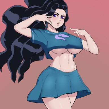 jojo's bizarre adventure, yamagishi yukako, g3mma, 1girls, alternate breast size, big breasts, black hair, breasts, crop top, huge breasts, large breasts, long hair, muscular female, pose, underboob