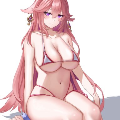 genshin impact, yae miko, animal ears, arm at side, bare arms, bare legs, bare shoulders, bikini, breasts, cleavage, closed mouth, collarbone, dot nose, earrings, female