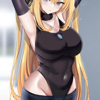 nintendo, pokemon, pokemon dppt, cynthia (pokemon), hanasaka houcha, pos, 1girls, armpits, arms behind head, arms up, big breasts, blonde hair, blush, breasts, busty