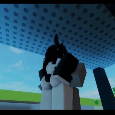 roblox, anonymous, roblox avatar, robloxian, 1girl, 3boys, abbiexpain, big breasts, big penis, black hair, blowjob, blush, blushing, bunny girl, completely nude female