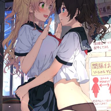 hololive, momosuzu nene, natsuiro matsuri, sy4, 2girls, :d, @ @, ahoge, ass, ass cleavage, asymmetrical docking, black hair, black panties, black skirt, blonde hair