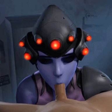 overwatch, widowmaker, rwt4184, yacer44 (sound edits), 1boy, 1girls, :&gt;=, bedroom, blowjob, blue skin, closed eyes, dark room, deepthroat, fellatio, female