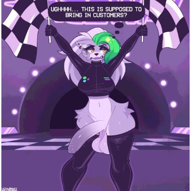 five nights at freddy's, scottgames, roxanne wolf (fnaf), inkplasm, 1futa, anthro, balls, big balls, big penis, black clothing, blue clothing, bottomless, canid, canine, canis