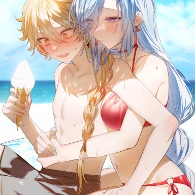 genshin impact, aether (genshin impact), shenhe (genshin impact), 1boy, 1girls, beach, bikini, blonde hair, blush, braided hair, braided ponytail, breasts, earrings, embarrassed, femboy