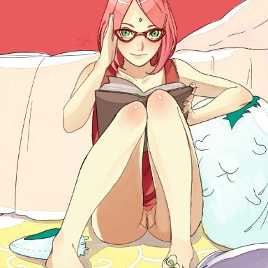 boruto: naruto next generations, naruto, naruto: the last, naruto (series), naruto shippuden, katsuyu, sakura haruno, nekomate14 edited, 1girls, adjusting eyewear, adjusting glasses, against bed, almost naked, arm support, barely clothed