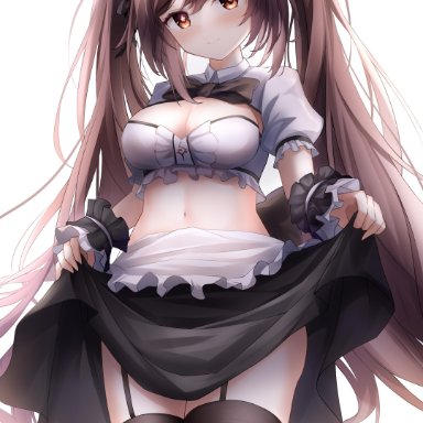 genshin impact, hu tao (genshin impact), proverbs zhenyan, 1girls, alternate breast size, blush, breasts, brown eyes, brown hair, cleavage, female, female only, garter straps, large breasts, light-skinned female