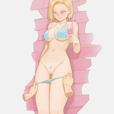 dragon ball, dragon ball z, android 18, bartolomeobari, 1girls, android, bikini, bikini bottom, bikini top, blonde hair, blue bikini, blue bikini bottom, blue bikini top, blush, blushing