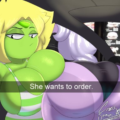 steven universe, amethyst (steven universe), gem (species), peridot (steven universe), cross samax, 2girls, ass, bent over, big ass, big breasts, breasts, bubble butt, busty, car, cleavage