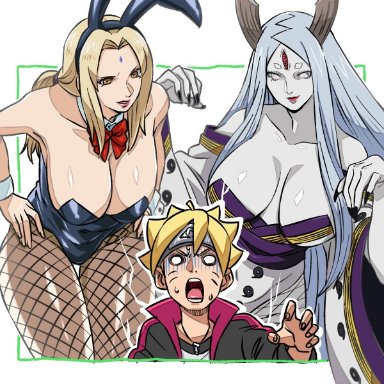 boruto: naruto next generations, naruto, naruto (series), otsutsuki kaguya, tsunade, uzumaki boruto, artist request, 1boy, 2girls, age difference, bare shoulders, big breasts, blonde hair, breasts, bunny ears