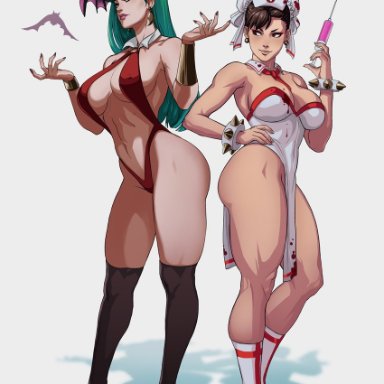 capcom, halloween, street fighter, vampire (game), chun-li, morrigan aensland, vampirella, vampirella (cosplay), dandon fuga, 2girls, adapted costume, alternate costume, bare shoulders, bat (animal), black legwear