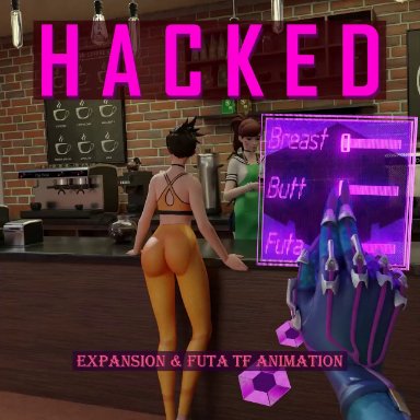 overwatch, d.va, sombra, tracer, audiogman, haptick, 2futas, ass, ass expansion, balls, balls under clothes, big ass, big breasts, big penis, breast expansion