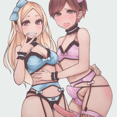 kikiu bd, 1boy, ass, blonde hair, blue bra, blue garter belt, blue lingerie, blue panties, bow bra, bow in hair, bow panties, bra, brown eyes, brown hair, choker