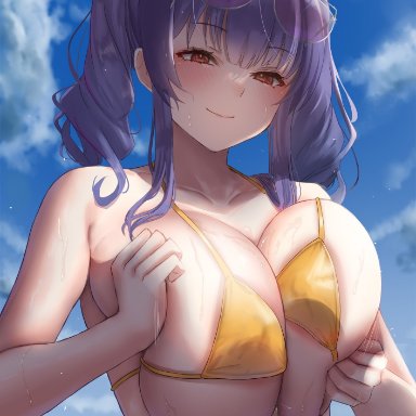 azur lane, pola (azur lane), satou aji, 1boy, ahoge, areola slip, bangs, bare arms, bare shoulders, bikini, blue sky, blush, breast squeeze, breasts, closed mouth