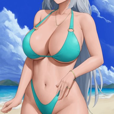 genshin impact, shenhe (genshin impact), zaphn, 1girls, alternate hairstyle, beach, bikini, blue eyes, breasts, female, female only, green bikini, hair down, hair over one eye, hips