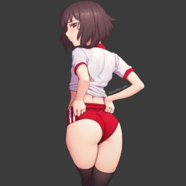 megumin, drawchan, 1girls, ass, bloomers, blush, brown hair, embarrassed, female, female focus, female only, legwear, looking back, red eyes, short hair