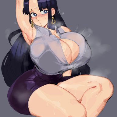 one piece, boa hancock, nezulet, 1girls, arm behind head, armpit, black hair, blush, bra, breasts, cleavage, earrings, female, female only, large breasts