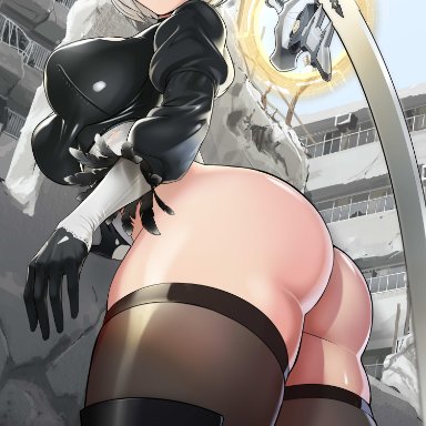 nier: automata, yorha 2b, nisetanaqa, 1girls, ass, blindfold, breasts, female, female only, huge ass, large breasts, looking back, mole, short hair, solo