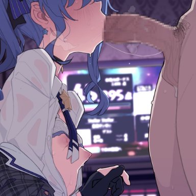 hololive, hoshimachi suisei, kakure eria, 1boy, bangs, black gloves, blue hair, blush, breasts, breasts out, choker, collared shirt, erection, fellatio, female