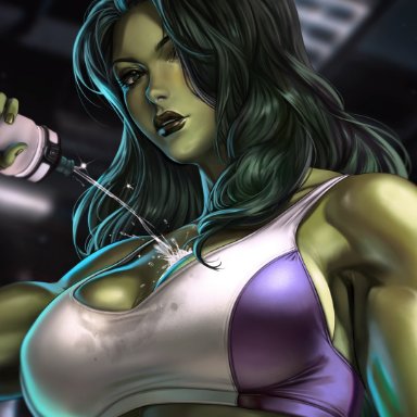 avengers, marvel, marvel comics, she-hulk, dandon fuga, 1girls, abs, big ass, big breasts, female, female only, fit, fit female, green hair, green lips