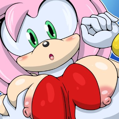 sega, sonic (series), sonic team, sonic the hedgehog (series), amy, amy rose, sonicguru, 1080, 1girl, 1girls, animal ears, background, big boobs, big breasts, blue background