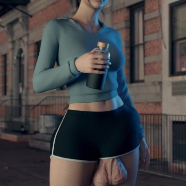 resident evil, resident evil 2 remake, claire redfield, zeroshimi, 1futa, animal ears, balls, balls out, big balls, big penis, bottomless, bulge, casual, clothed, clothing