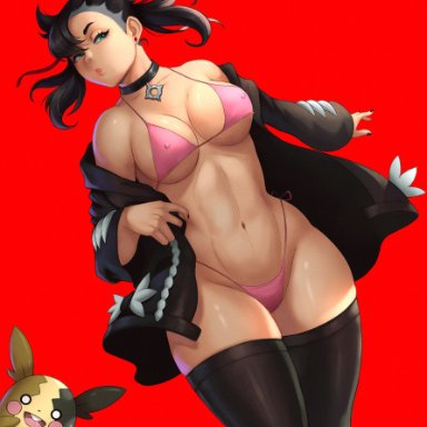 nintendo, pokemon, pokemon ss, marnie (pokemon), morpeko, pok&#233;mon (species), rekk art, 1girls, 1pokemon, aged up, asymmetrical hair, bikini, black hair, breasts, choker