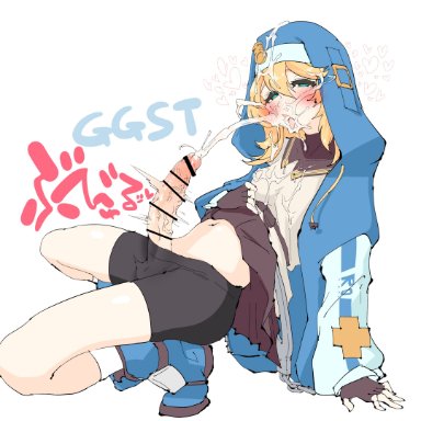 arc system works, guilty gear, bridget, ooooalikui, 1boy, 1femboy, ahe gao, ass, big penis, bike shorts, black shorts, blonde hair, blush, bottomwear, bulge