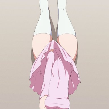 emilia (re:zero), coro fae, 1girls, against wall, blush, chest, collar, covering crotch, dress, embarrassed, female, female only, handstand, hips, legs