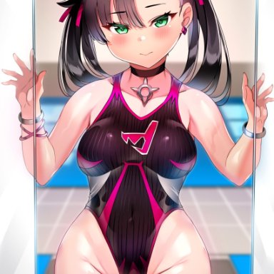 nintendo, pokemon, pokemon ss, marnie (pokemon), tem10, black hair, black swimsuit, bracelet, breasts, choker, competition swimsuit, earrings, female, green eyes, highleg