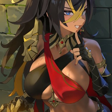 genshin impact, aether (genshin impact), dehya (genshin impact), hood x art, 1boy, 1girls, belly button, black hair, blue eyes, breasts, brown skin, female, female only, huge breasts, long hair