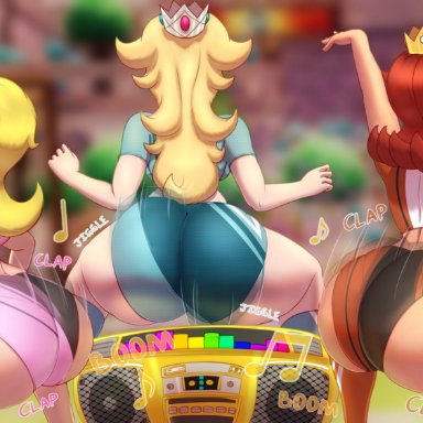 mario (series), mario strikers, nintendo, princess daisy, princess peach, princess rosalina, n-kosi, n-kosi (coloring), 3girls, ass, big ass, blonde hair, crown, dance, dancing