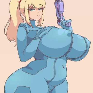 metroid, nintendo, samus aran, zero suit samus, steelbirdlove, big breasts, blonde hair, breasts bigger than head, fully clothed, green eyes, huge breasts, huge nipples, looking at viewer, puffy nipples, solo