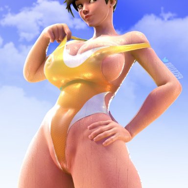 blizzard entertainment, overwatch, tracer, rule2754, 1girls, 5 fingers, areola slip, big ass, big breasts, bikini, breasts, brown eyes, brown hair, cleavage, clothed
