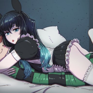 demon slayer, kimetsu no yaiba, kamado tanjirou, muichiro tokitou, butcherboy, alternate costume, black hair, blue eyes, bunny ears, crossdressing, dakimakura (object), dakimakura pillow, feet up, femboy, frilled legwear