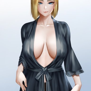 dragon ball, dragon ball super, dragon ball z, android 18, easonx, black panties, black robe, blonde hair, blue eyes, panties, robe, tagme