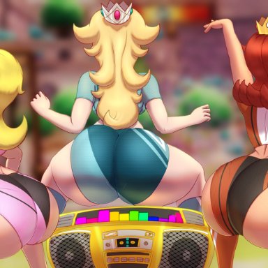 mario (series), mario strikers, nintendo, princess daisy, princess peach, princess rosalina, n-kosi, n-kosi (coloring), 3girls, ass, ass focus, ass shake, big ass, big butt, blonde hair