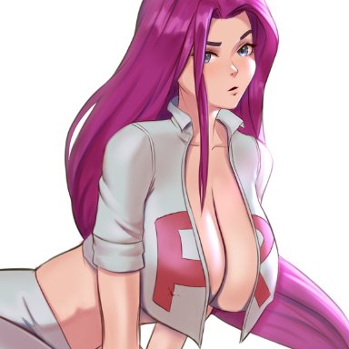 pokemon, pokemon (anime), pokemon (classic anime), jessie (pokemon), team rocket, rovintus, blue eyes, breasts, female, large breasts, looking at viewer, open clothes, purple hair, simple background, single letter