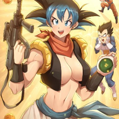 dragon ball, dragon ball super, fortnite, shounen jump, bulma briefs, son goku, vegeta, jammeryx, 2boys, 2girls, baggy pants, black hair, blue eyes, blue hair, breasts