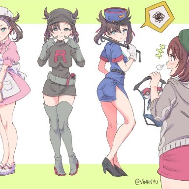 nintendo, pokemon, gloria (pokemon), marnie (pokemon), team rocket, vinhnyu, 2girls, baton, belt, bikini, black hair, blue bikini, brown eyes, brown hair, cosplay