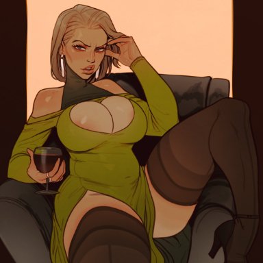 incase, 1girls, alcohol, areola slip, big breasts, bitch face, blonde hair, breasts, cleavage cutout, dress, female, female only, glass, heels, large breasts