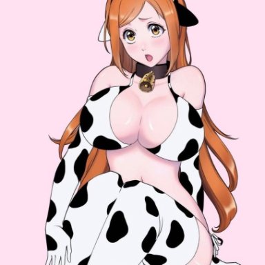 bleach, inoue orihime, rozuberry, 1girls, bell, big breasts, bikini, breasts, busty, cleavage, collar, collar with bell, cow ears, cow horns, cow print