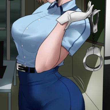 dragon ball, dragon ball super, dragon ball z, shounen jump, android 18, echosaber, 1girls, android girl, blue eyes, breasts, female, hips, huge breasts, police uniform, policewoman